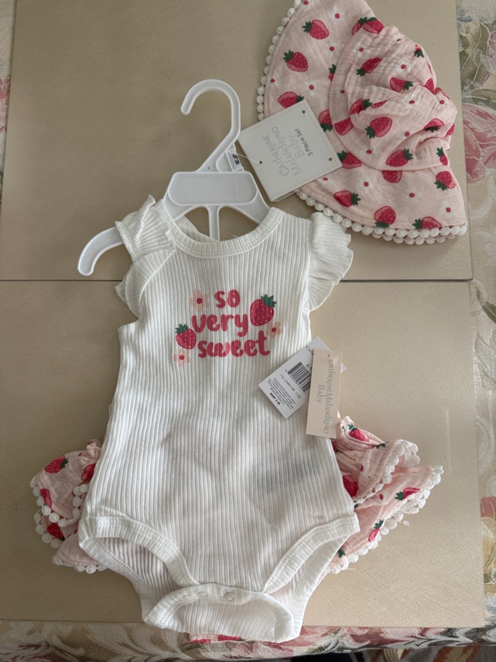 Catherine Malandrino White and Pink Strawberry Baby Matching Set